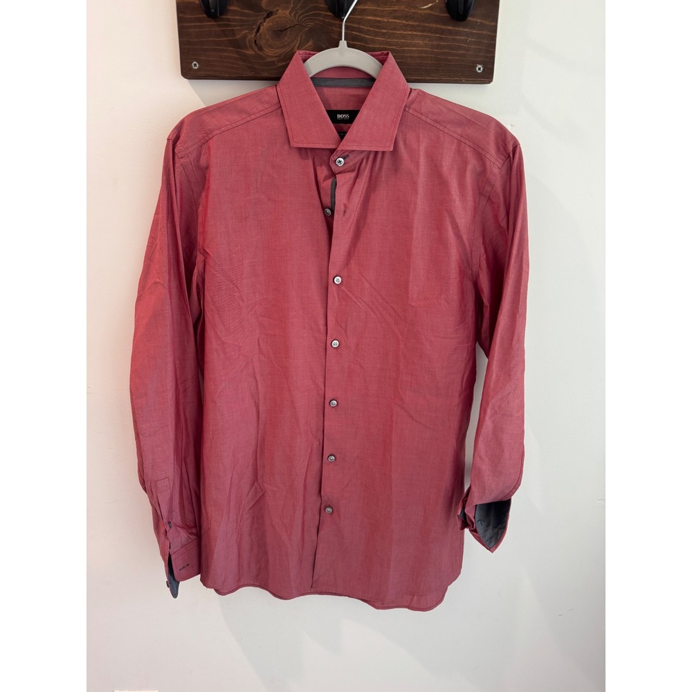 Hugo Boss Slim Fit Easy Iron Dress Shirt Mens 15.5 39 Red Long Sleeve Cotton